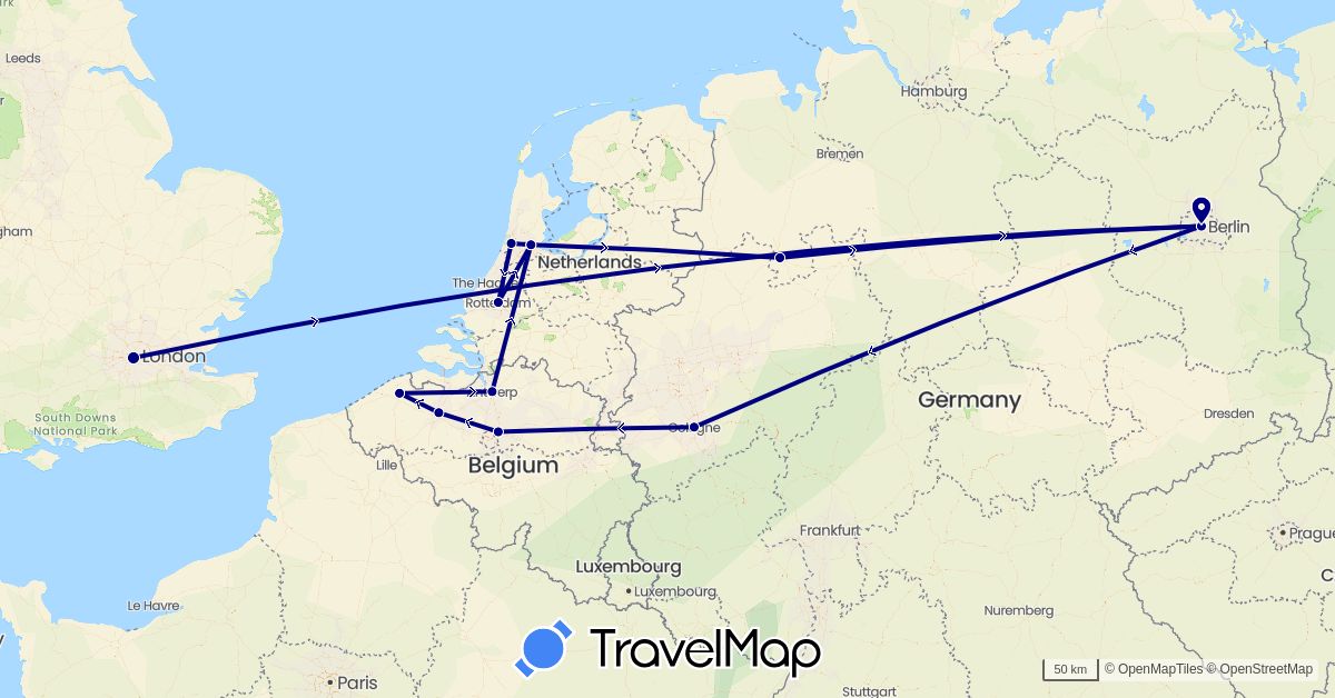 TravelMap itinerary: driving in Belgium, Germany, United Kingdom, Netherlands (Europe)